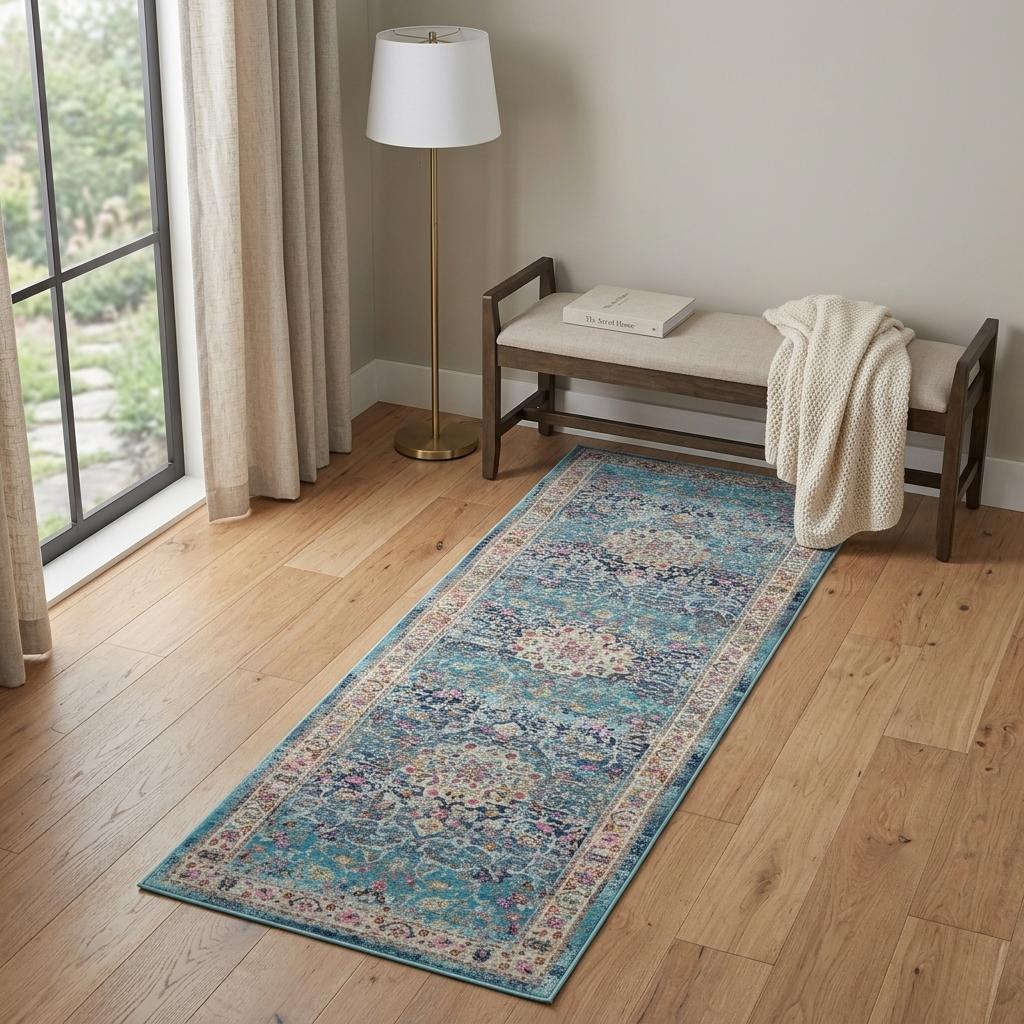 6' Blue and Beige Floral Distressed Runner Rug