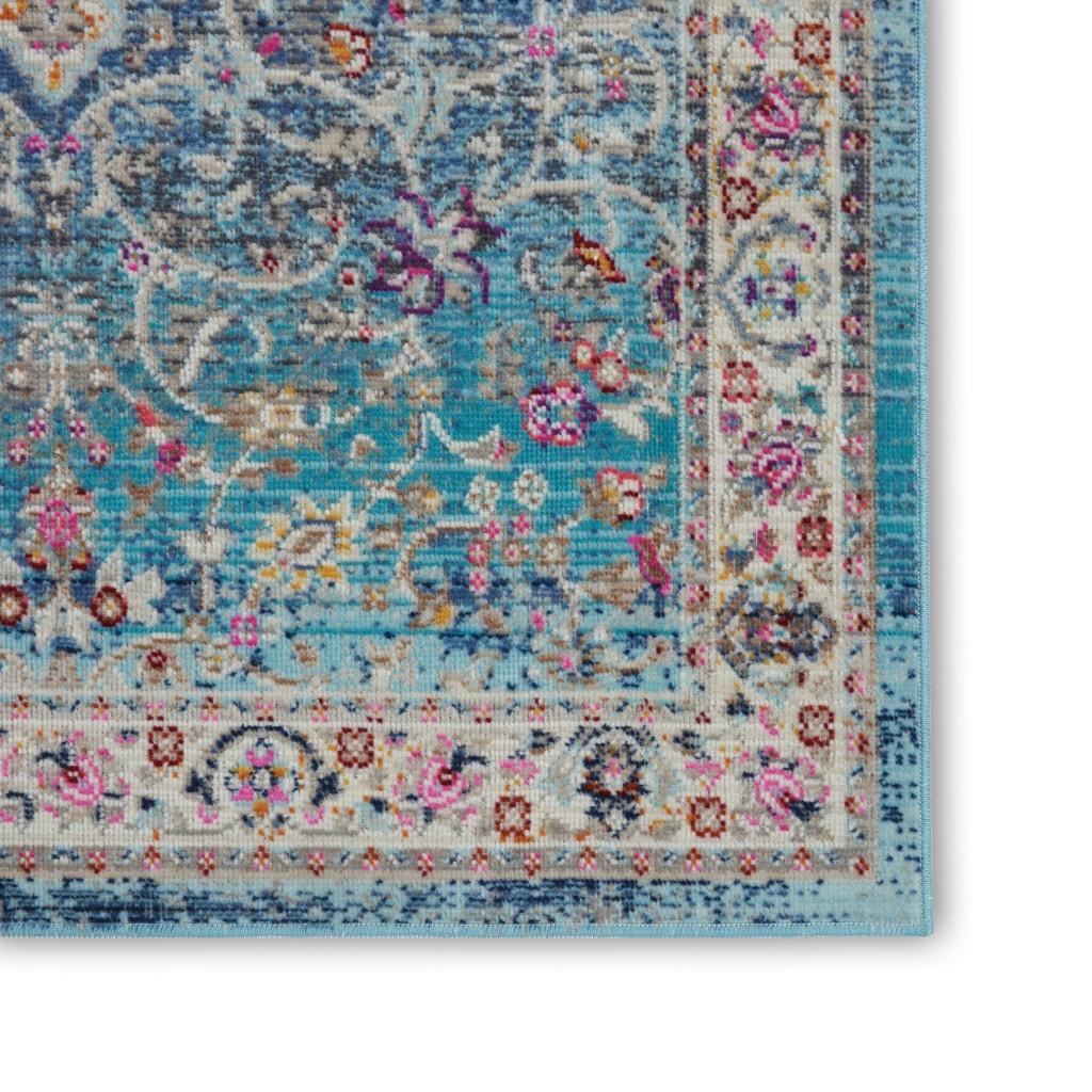 6' Blue and Beige Floral Distressed Runner Rug