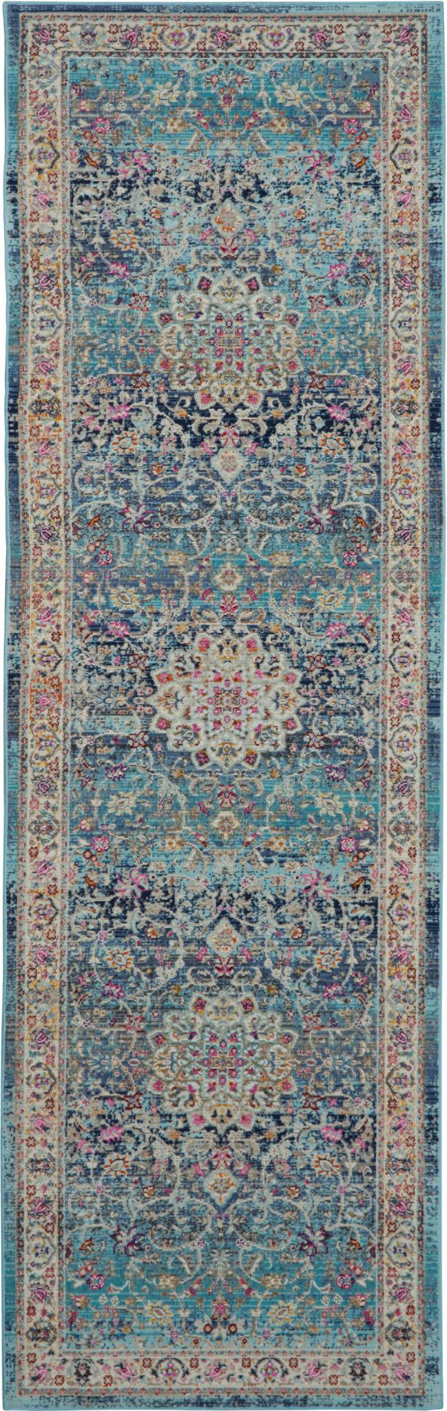 6' Blue and Beige Floral Distressed Runner Rug