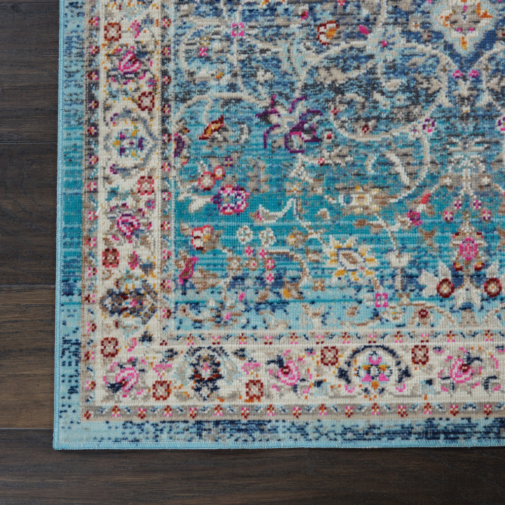 6' Blue and Beige Floral Distressed Runner Rug