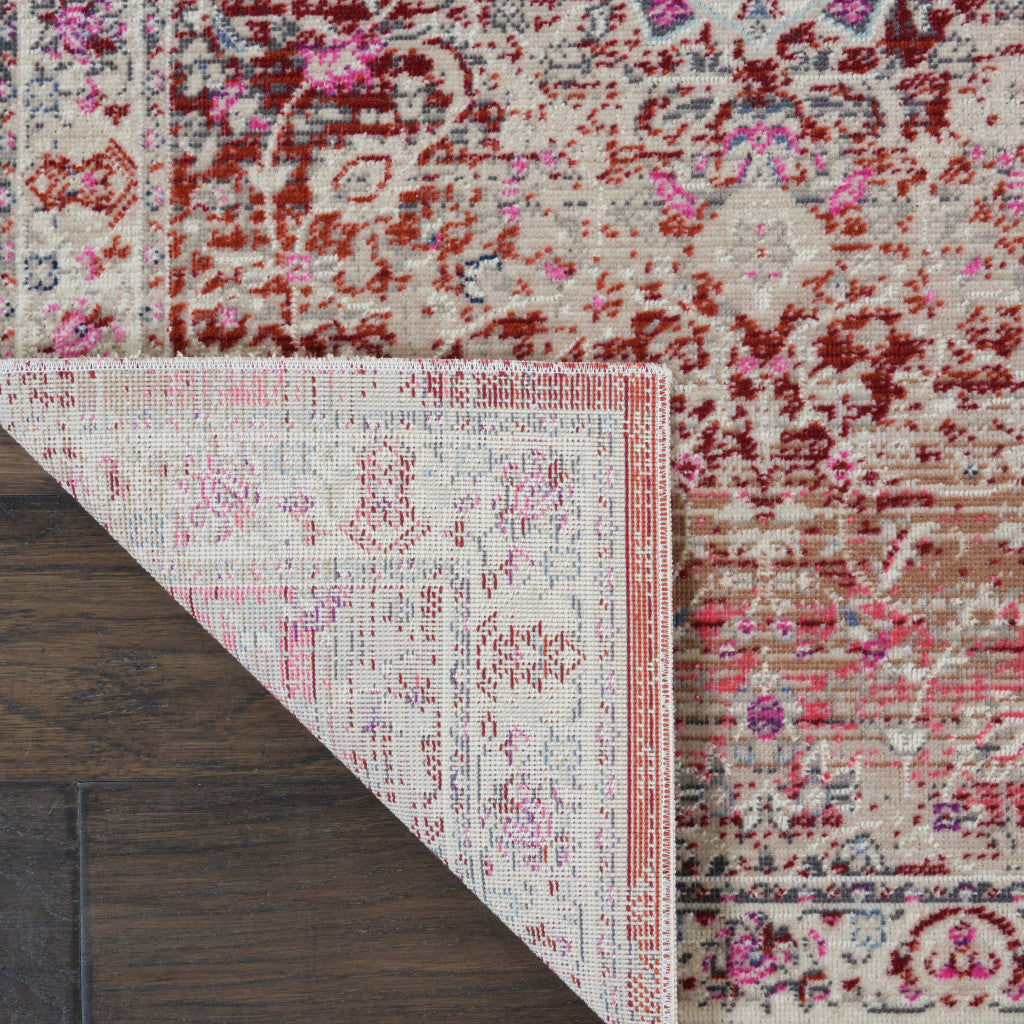 6' Ivory And Red Floral Distressed Runner Rug
