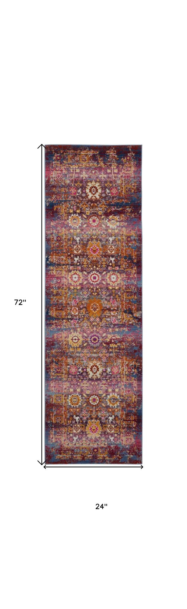 6' Blue Yellow And Red Floral Distressed Runner Rug
