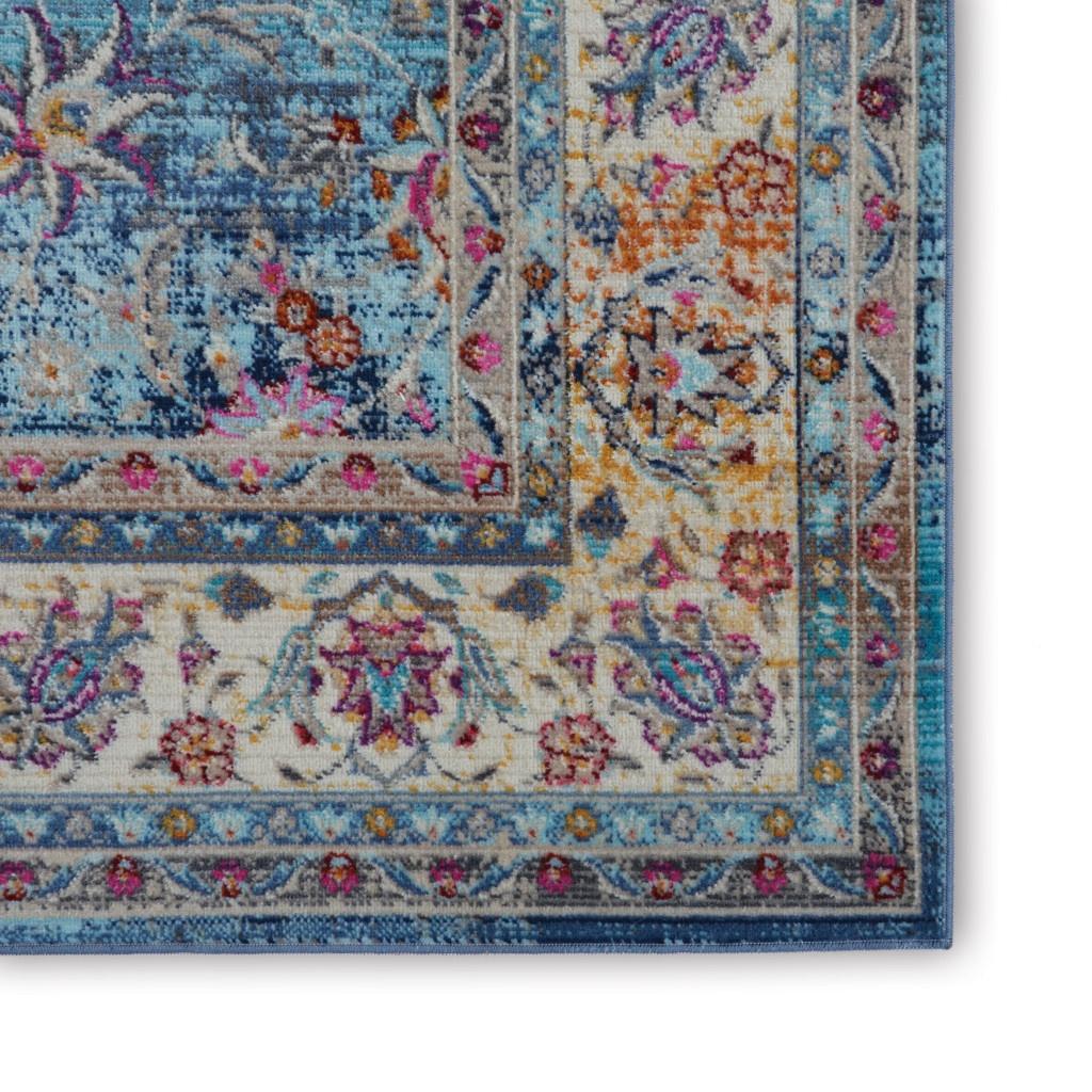4' X 6' Blue and Beige Floral Distressed Area Rug