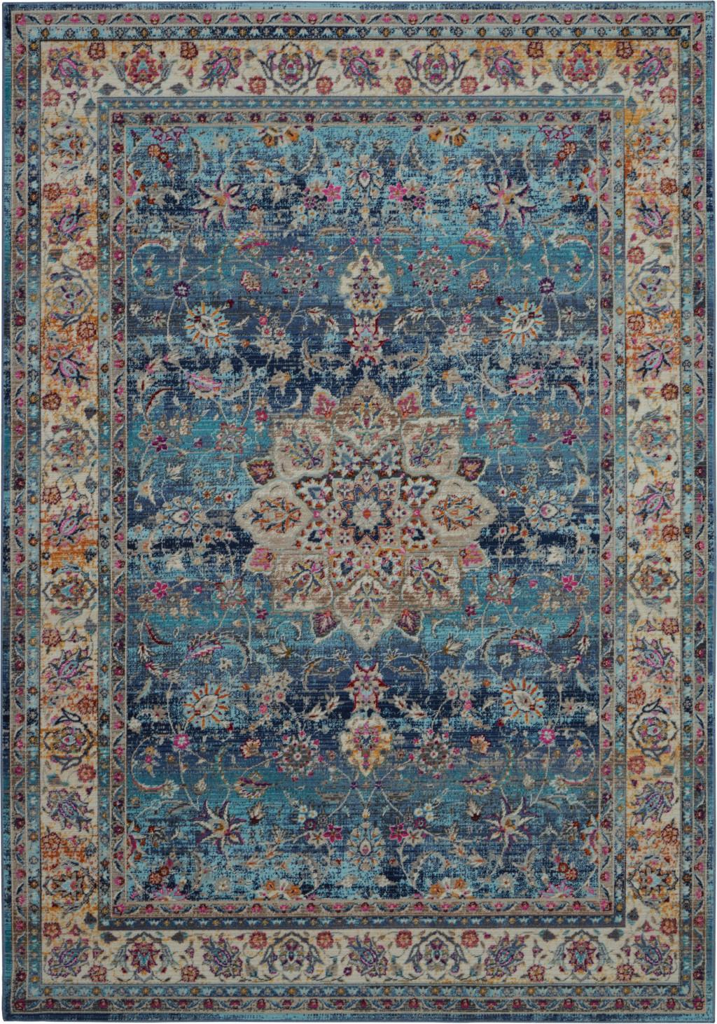 4' X 6' Blue and Beige Floral Distressed Area Rug