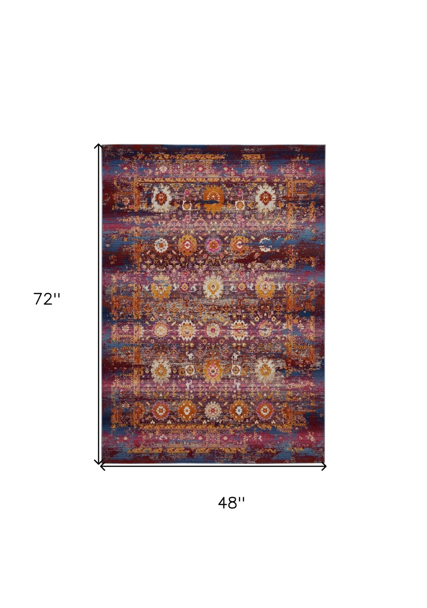 4' X 6' Blue Yellow And Red Floral Distressed Area Rug