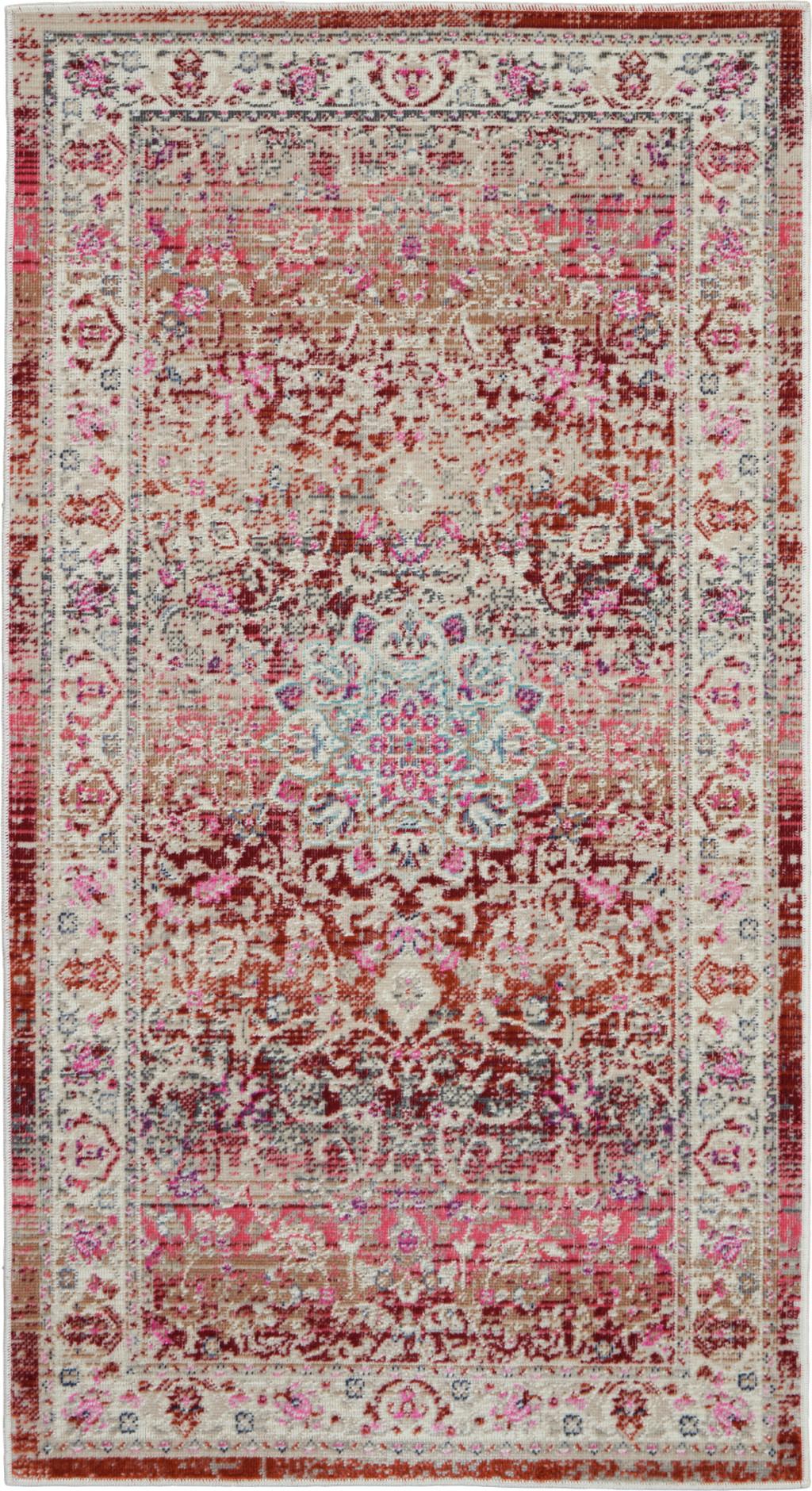 2' X 4' Ivory And Red Floral Distressed Area Rug