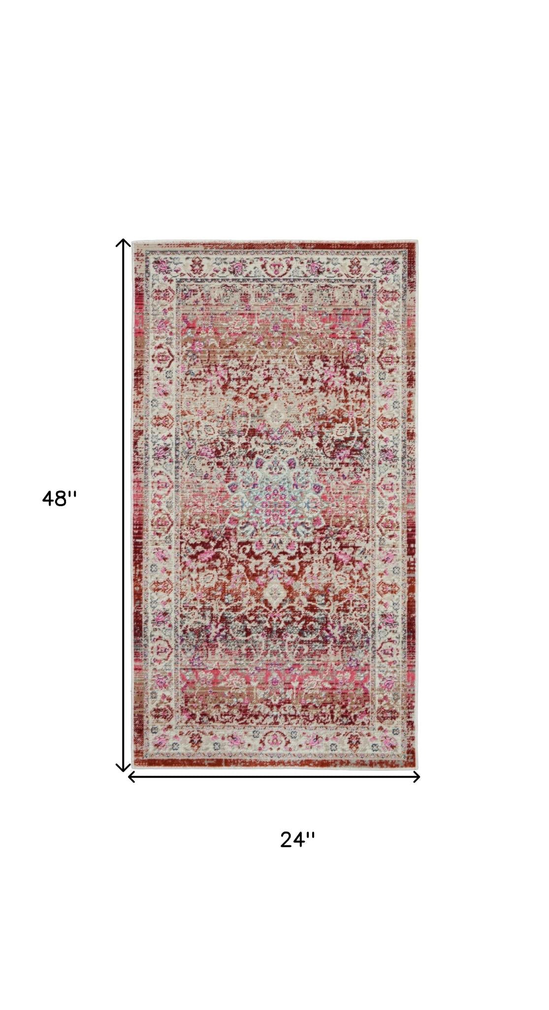 2' X 4' Ivory And Red Floral Distressed Area Rug