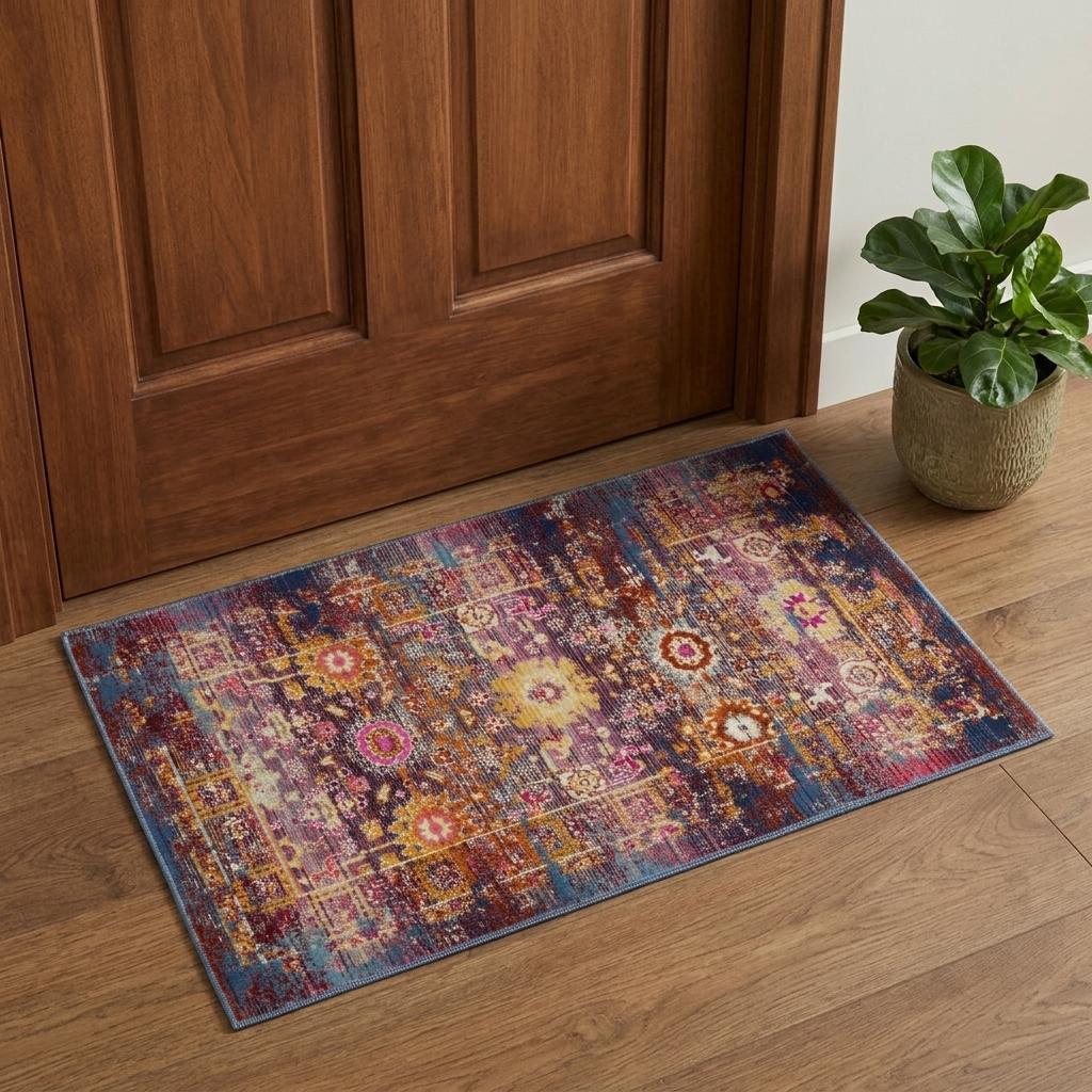 2' X 4' Blue Yellow And Red Floral Distressed Area Rug