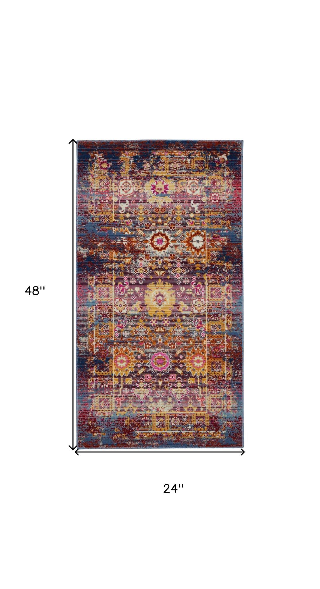 2' X 4' Blue Yellow And Red Floral Distressed Area Rug