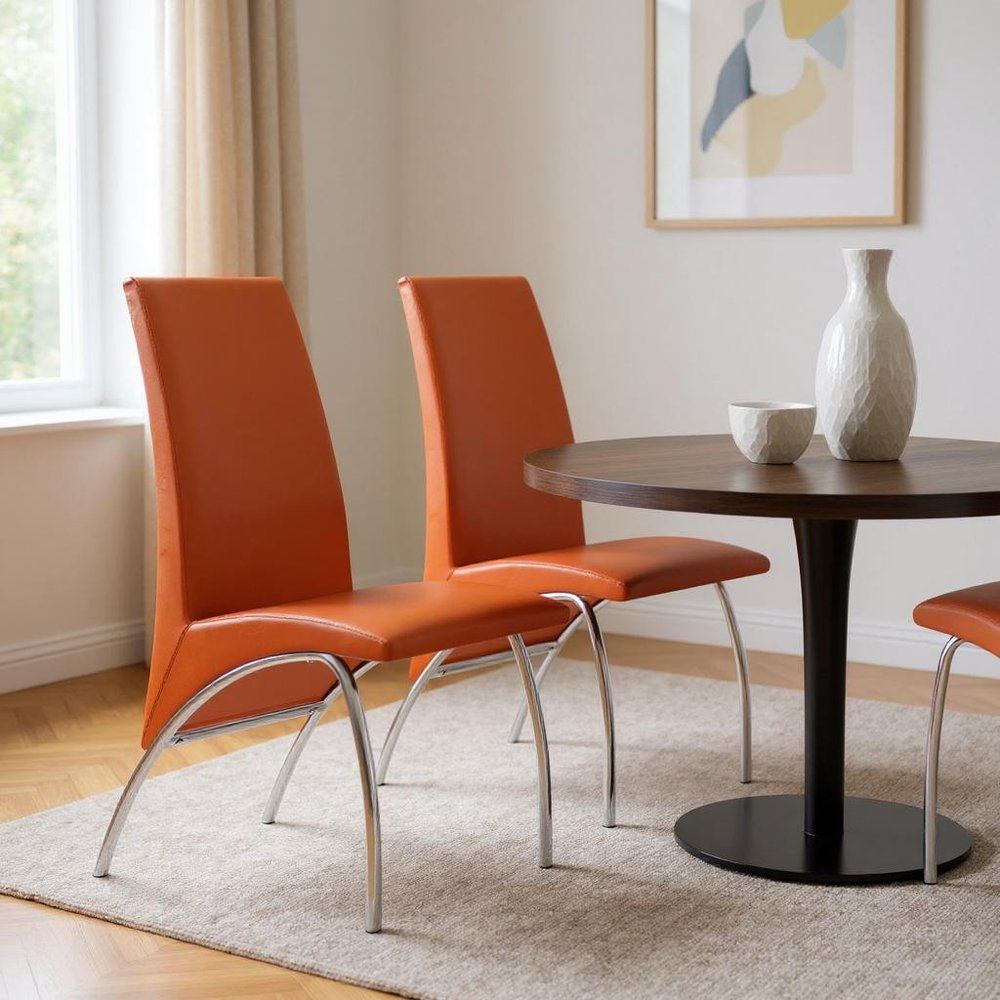 Set of Two Orange And Silver Upholstered Faux Leather Dining Side Chairs