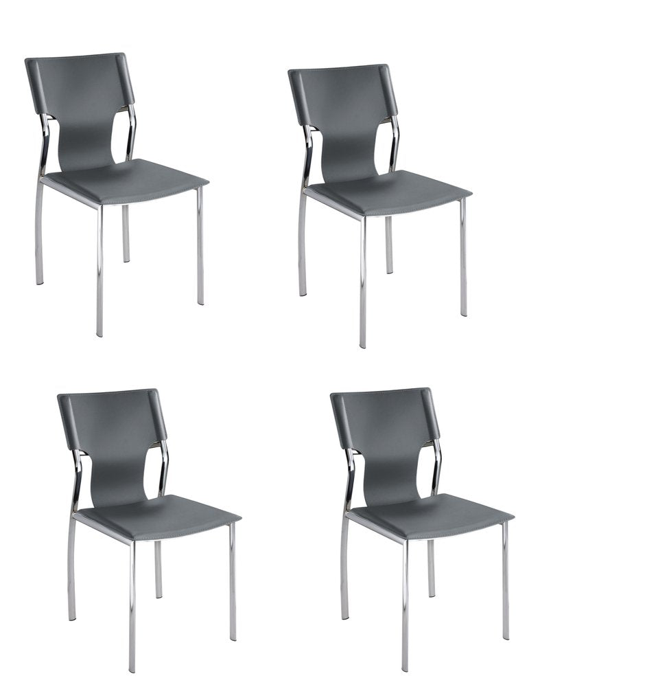 Set of Four Gray and Silver Metal and Leather Dining Side Chairs