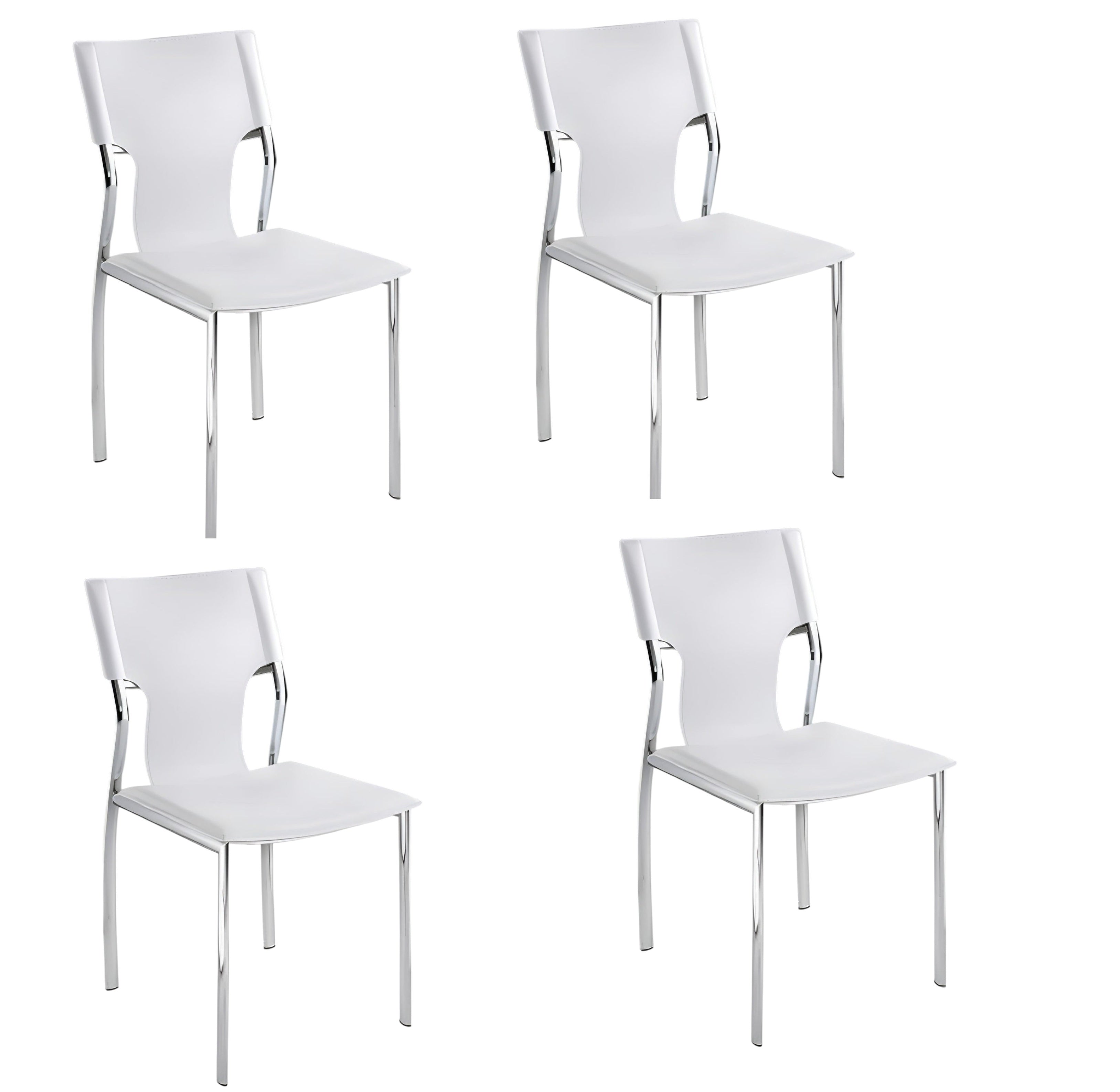 Set of Four White and Silver Metal and Leather Dining Side Chairs