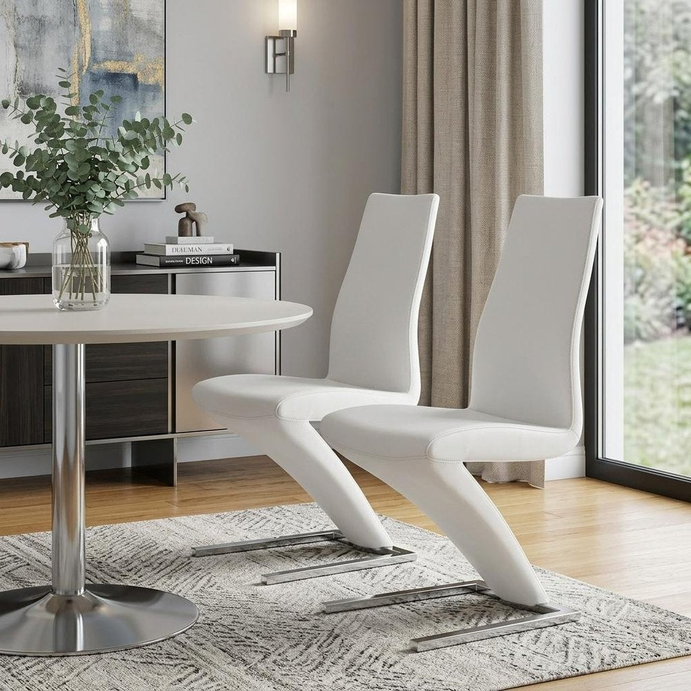 Set of Two White and Silver Slipcovered Faux Leather Dining Side Chairs