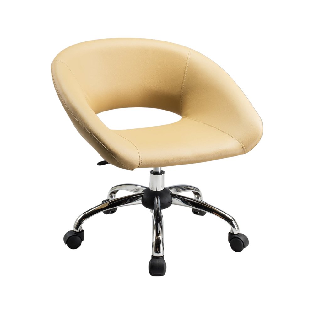 Beige and Silver Faux Leather Adjustable Height Swivel Rolling Office Chair