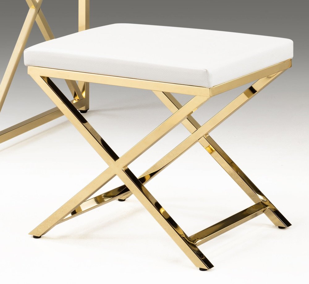 21" White and Silver Faux Leather and Metal Vanity Chair