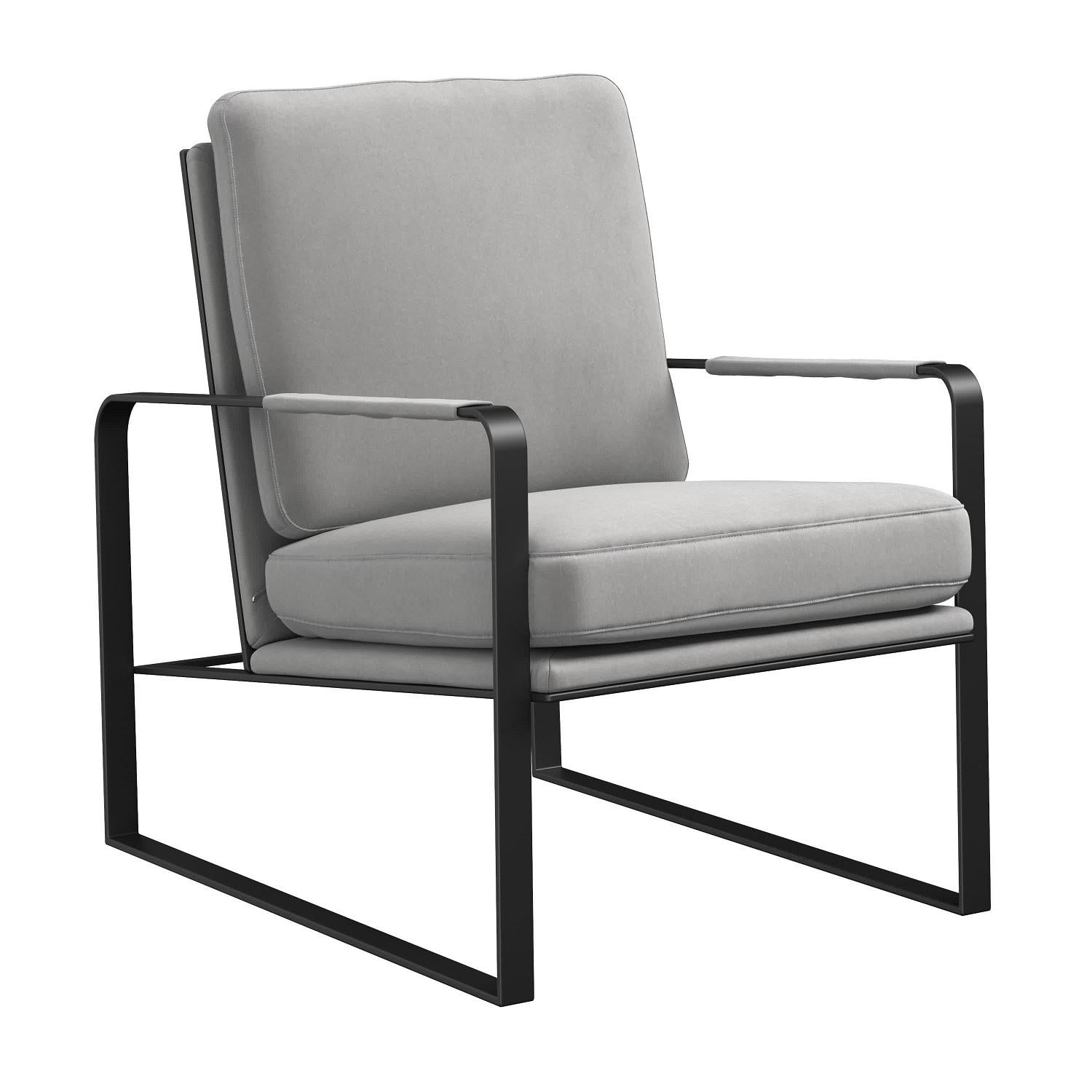 35" Light Gray and Black Velvet And Metal Lounge Chair