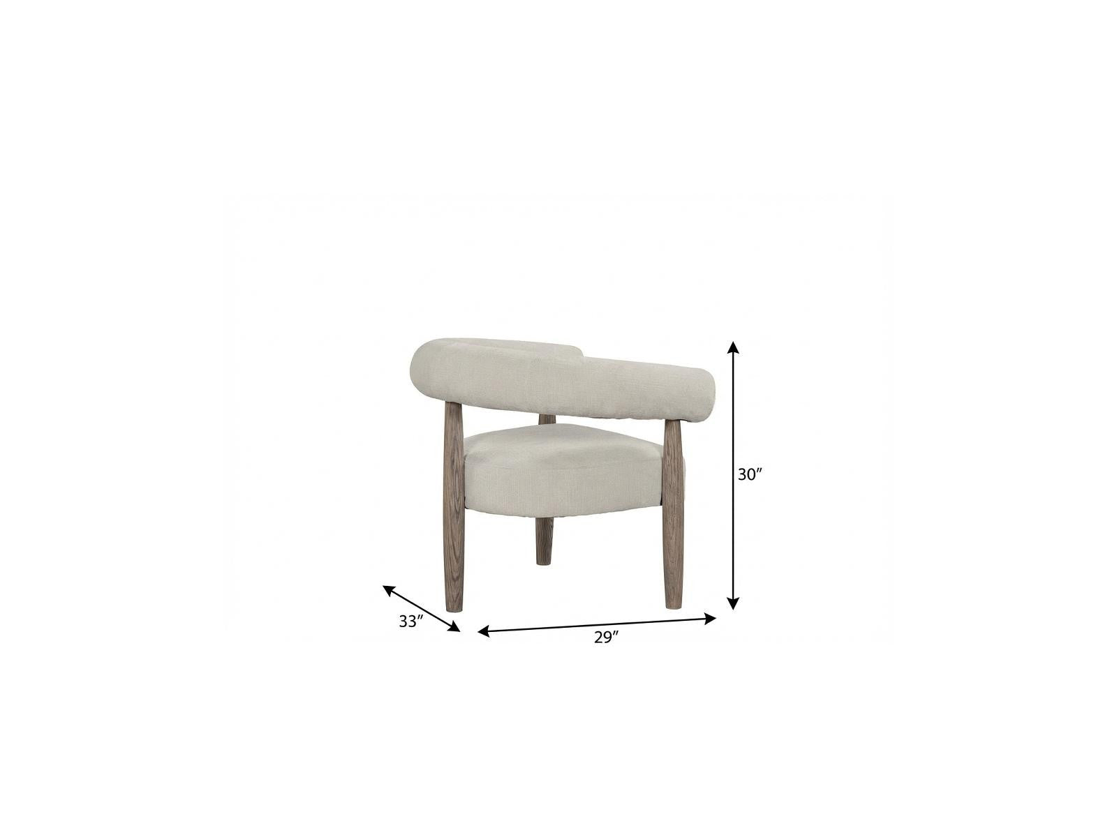 29" Cream and Light Brown Fabric And Wood Curved Arm Chair