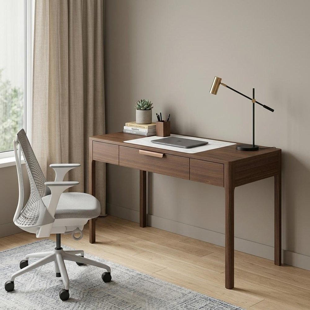 47" White and Brown Marble and Wood Computer Desk