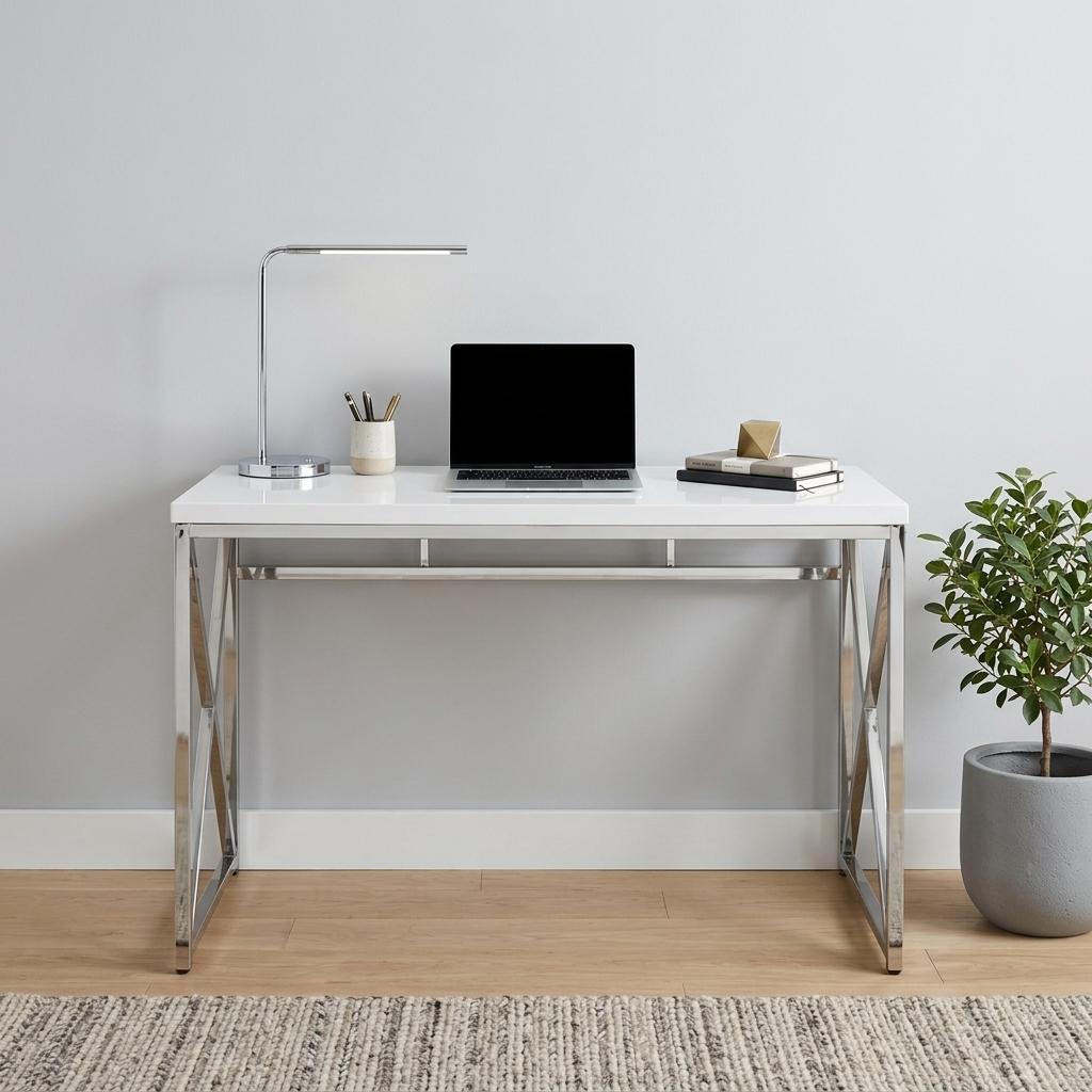 47" White and Silver Wood and Metal Computer Desk