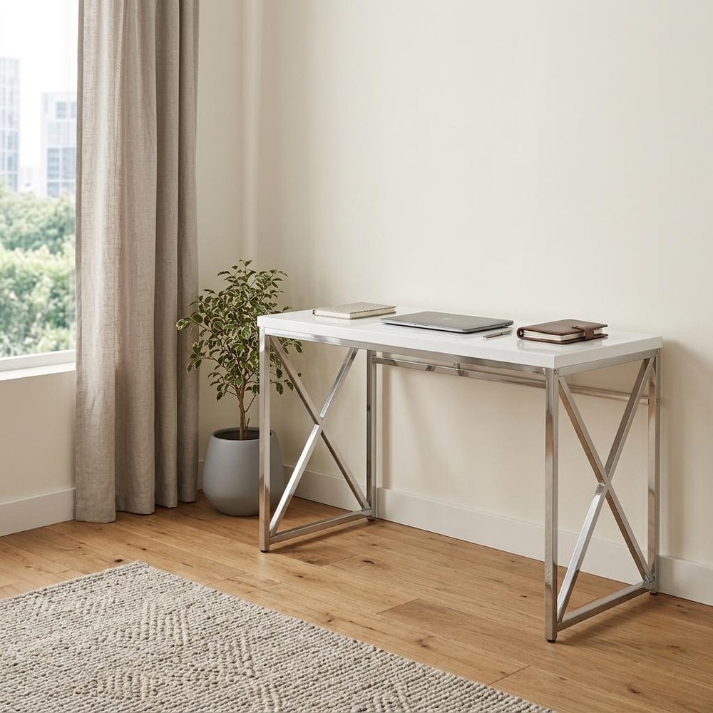 47" White and Silver Wood and Metal Computer Desk