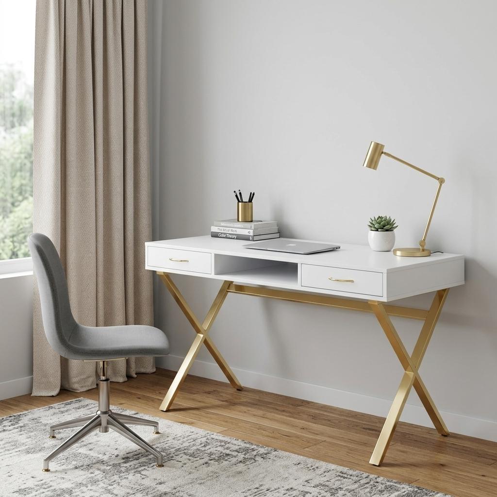 47" White and Gold Wood and Metal Computer Desk With Two Drawers