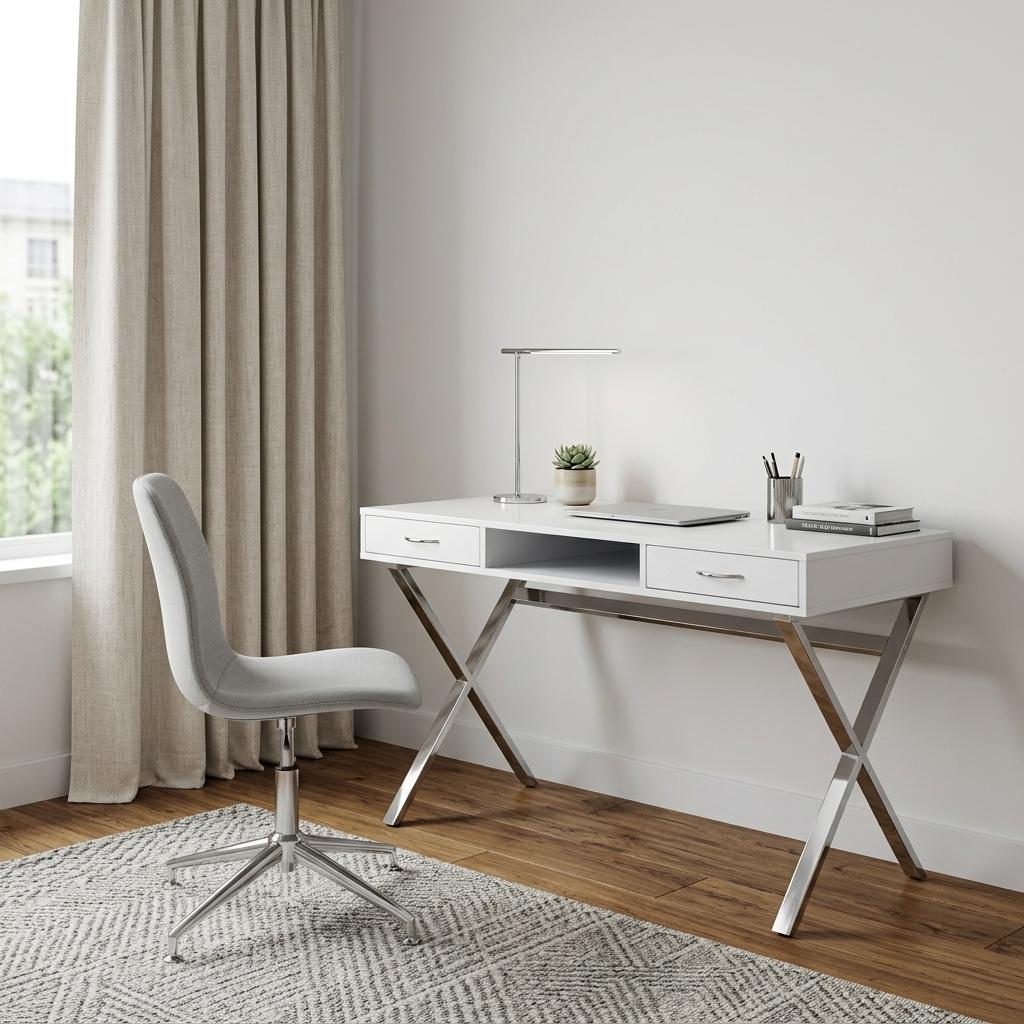 47" White and Silver Wood and Metal Computer Desk With Two Drawers