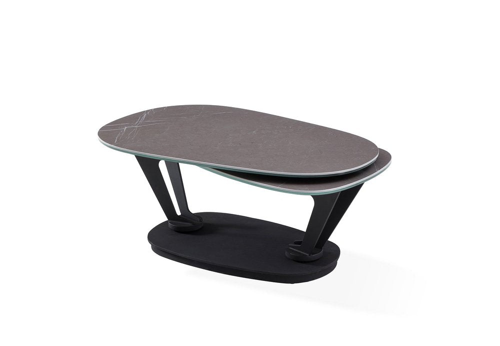 36" Gray And Black Faux Marble And Metal Oval Coffee Table