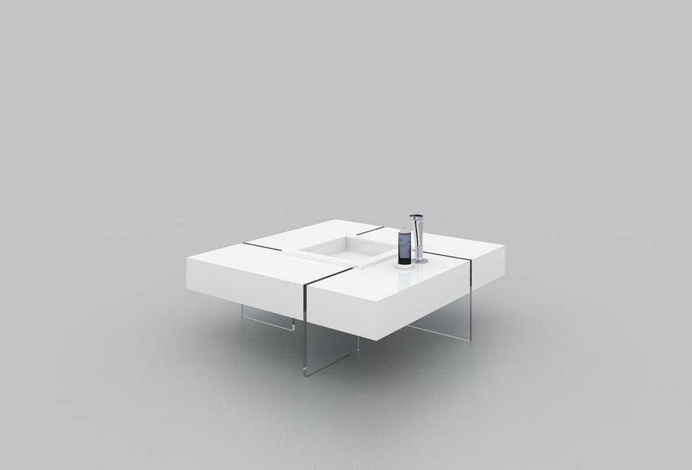 47" White And Clear Wood And Glass Square Sled Coffee Table