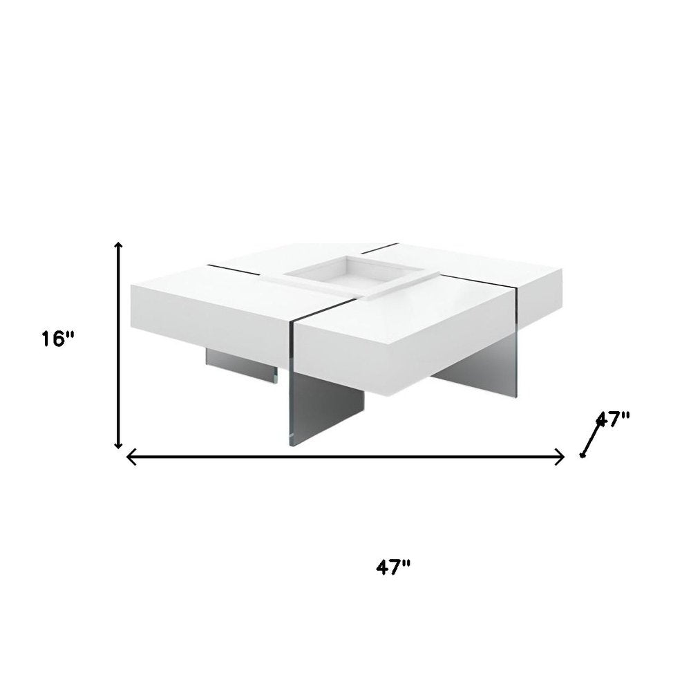 47" White And Clear Wood And Glass Square Sled Coffee Table