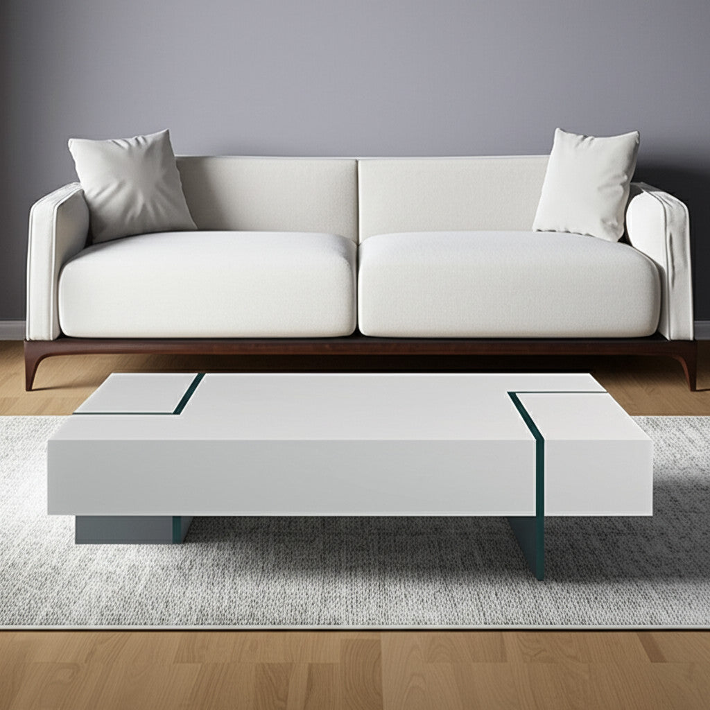53" White And Clear Wood And Glass Sled Coffee Table