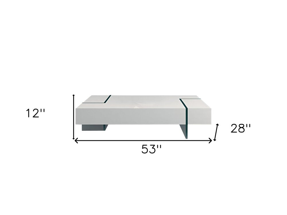 53" White And Clear Wood And Glass Sled Coffee Table