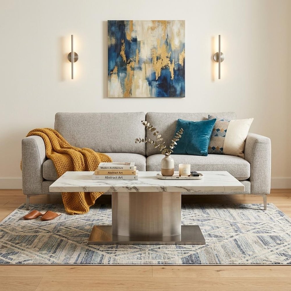 51" White And Silver Genuine Marble And Stainless Steel Pedestal Coffee Table