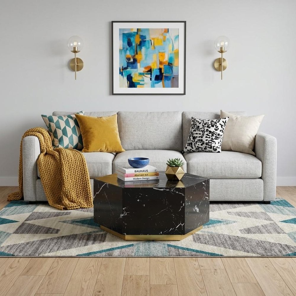 35" Black And Gold Faux Marble Hexagon Drum Coffee Table