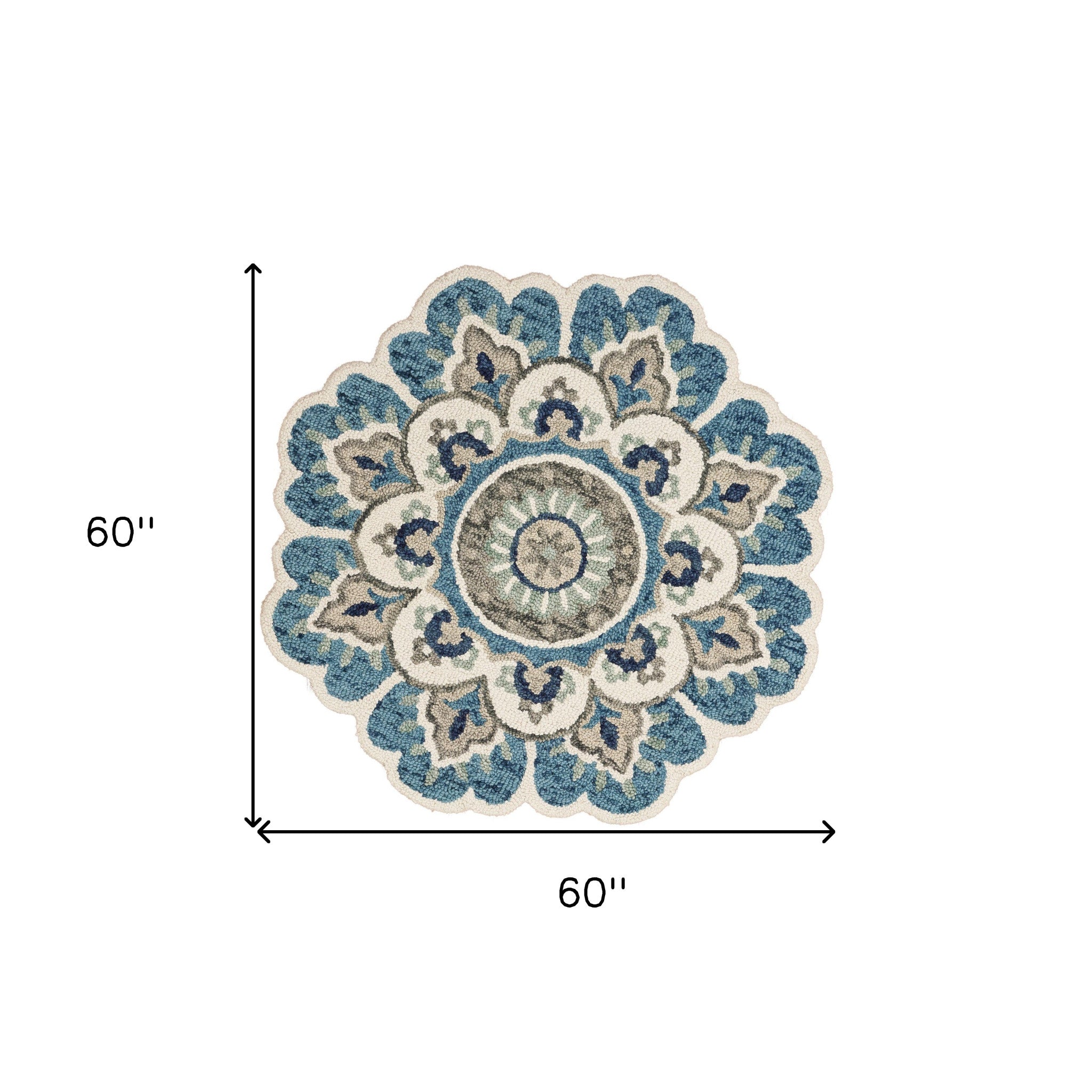 5' Blue and Ivory Round Wool Floral Hand Tufted Area Rug