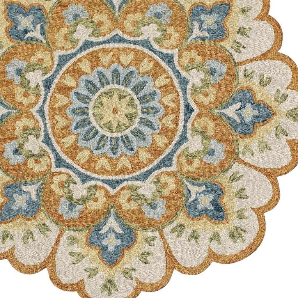 6' Orange and Blue Round Wool Floral Hand Tufted Area Rug
