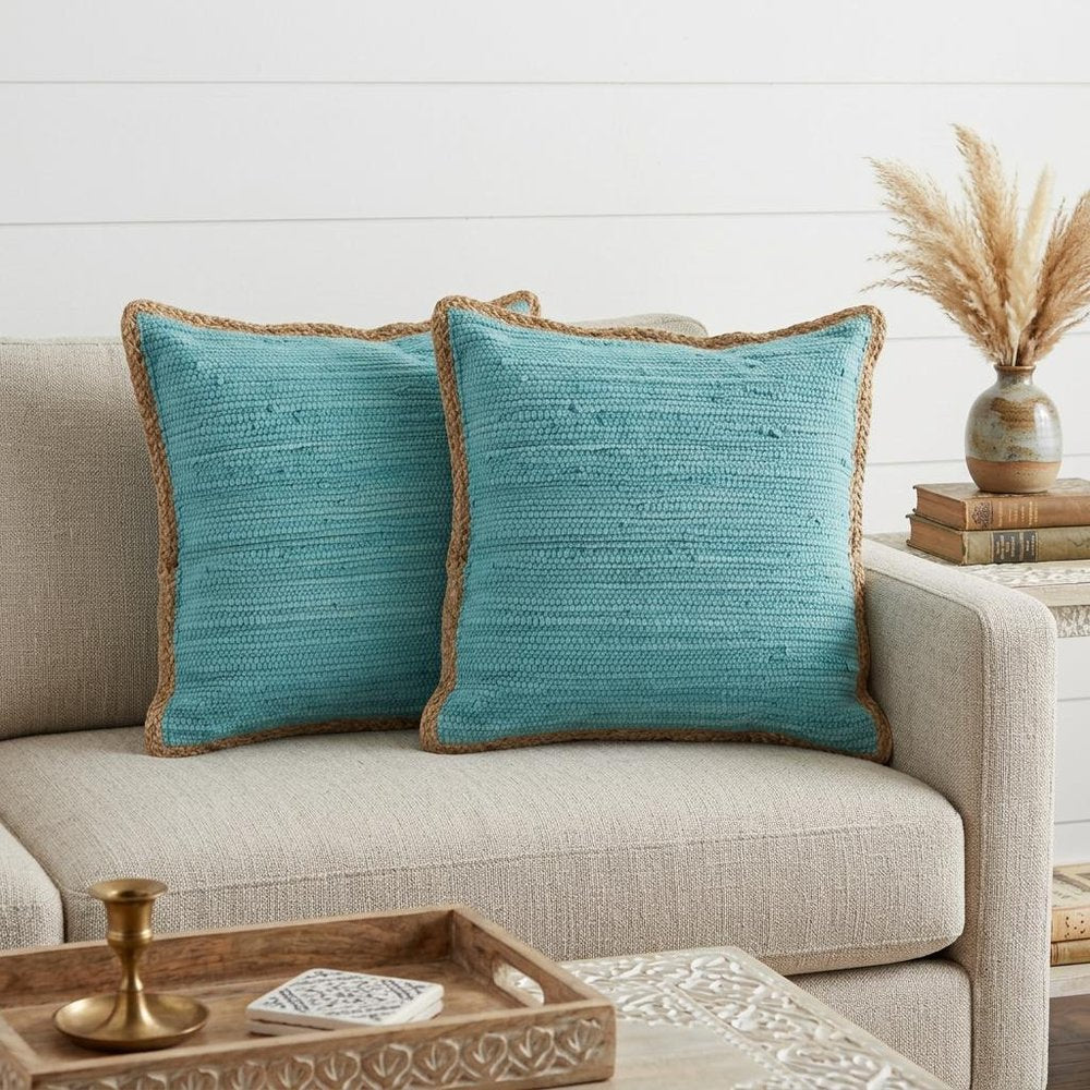 Set of Two 20" Turquoise Cotton And Jute Throw Pillows with Texture