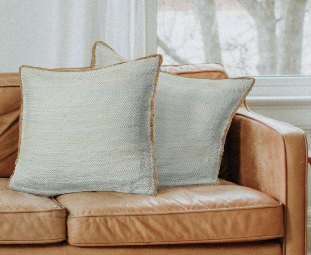 Set of Two 20" Gray And Natural Cotton And Jute Throw Pillows