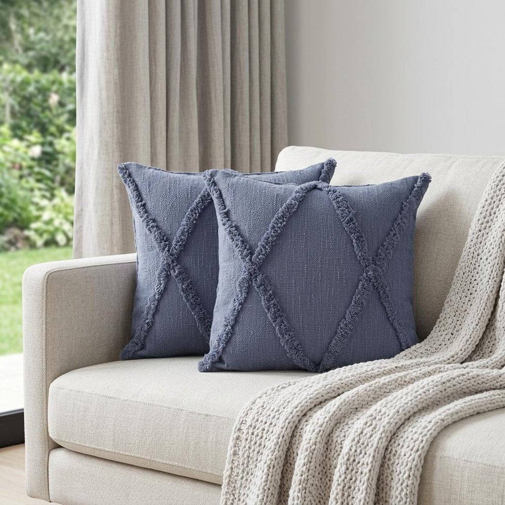 Set of Two Blue Diamond Cotton Throw Pillow With Fringe