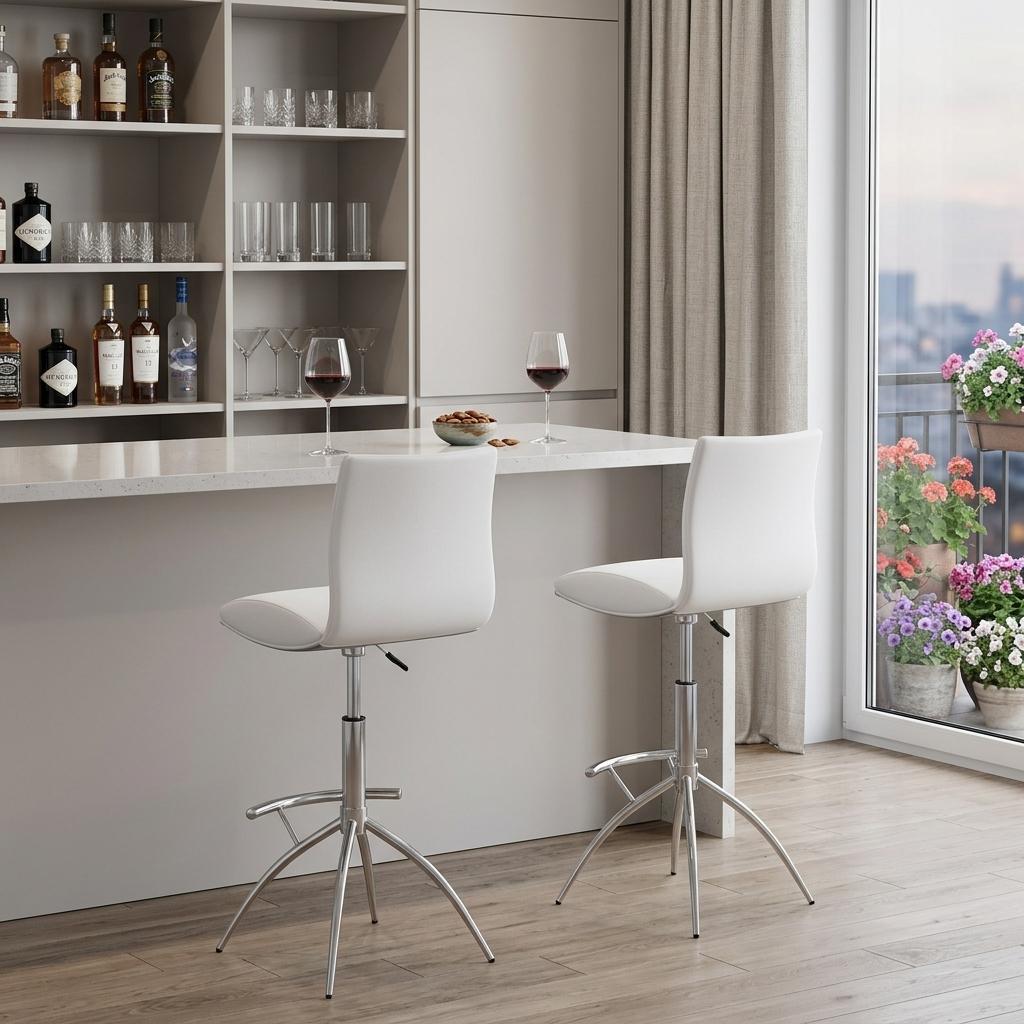 Set of Two White And Silver Faux Leather And Metal Low Back Adjustable Height Swivel Bar Chairs
