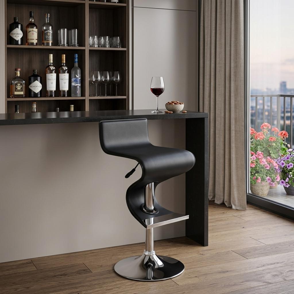 Black And Silver Faux Leather And Metal Low Back Adjustable Height Bar Chair