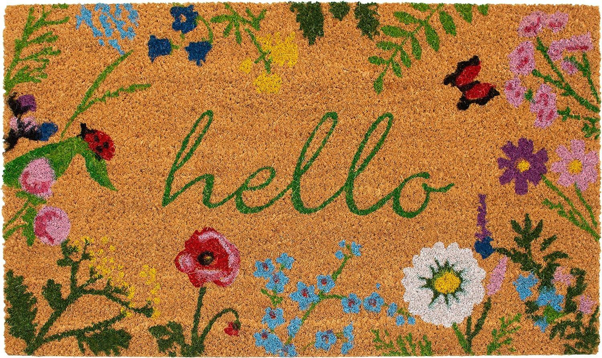 17" X 29" Natural and Green Coir Floral Hello Outdoor Door Mat