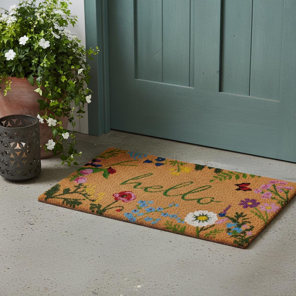 17" X 29" Natural and Green Coir Floral Hello Outdoor Door Mat
