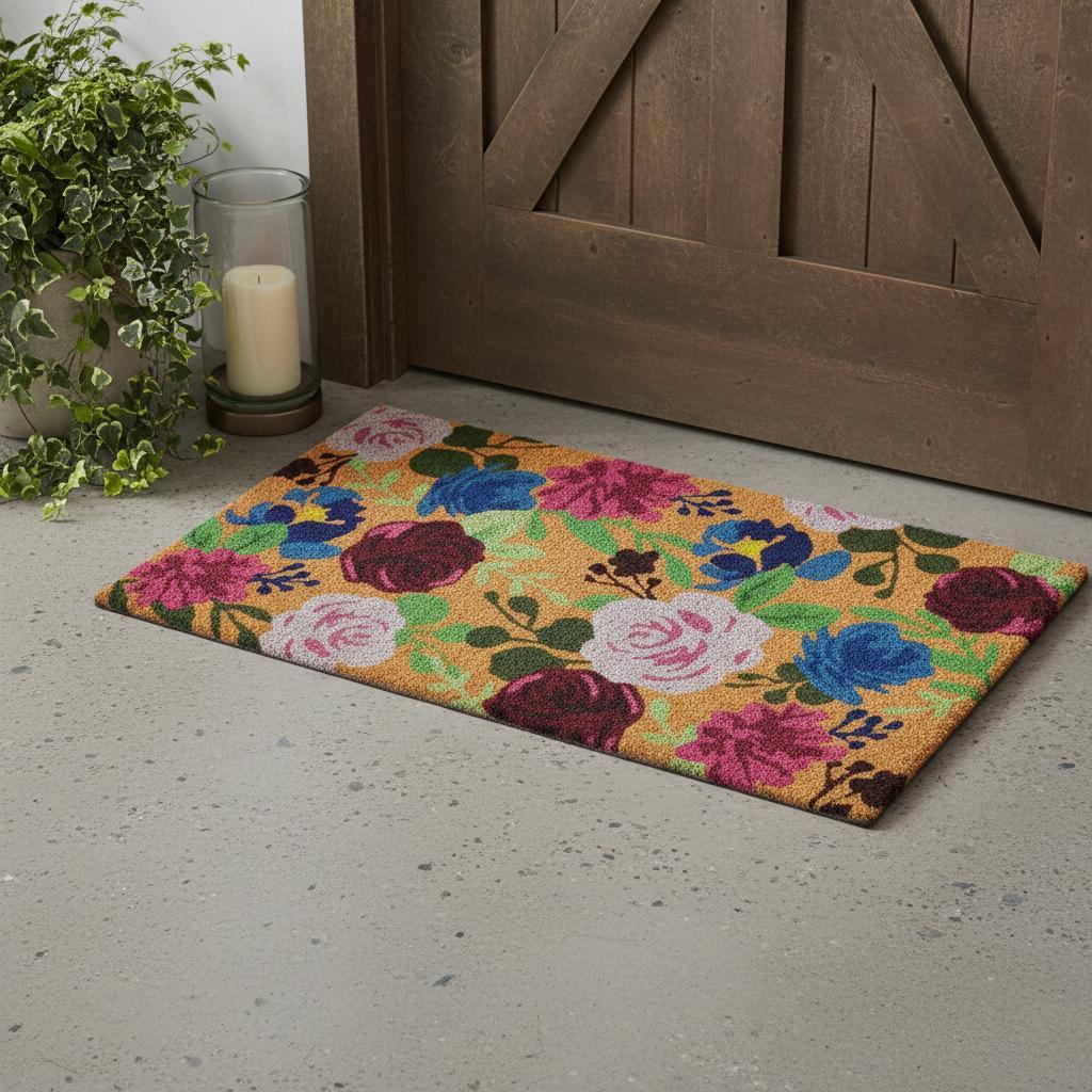 24" X 36" Natural Pink and Green Coir Floral Outdoor Door Mat