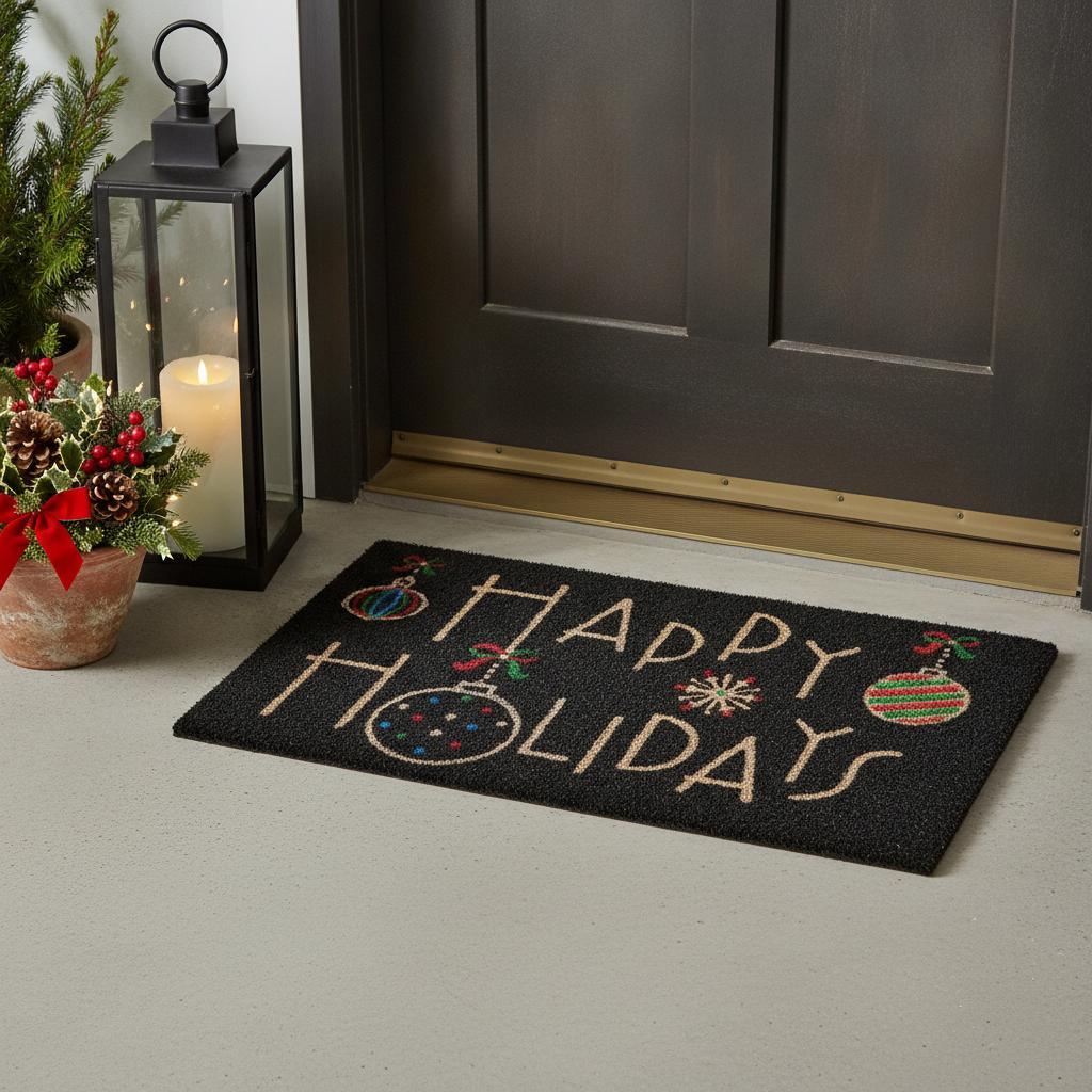 24" X 36" Black and Natural Coir Happy Holidays Outdoor Christmas Door Mat