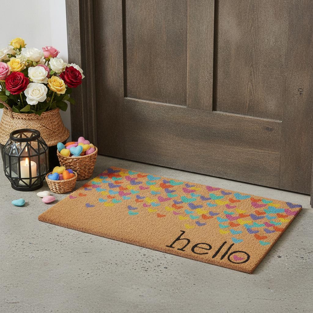 17" X 29" Natural Blue and Yellow Coir Heart Outdoor Valentine's Day Door Mat