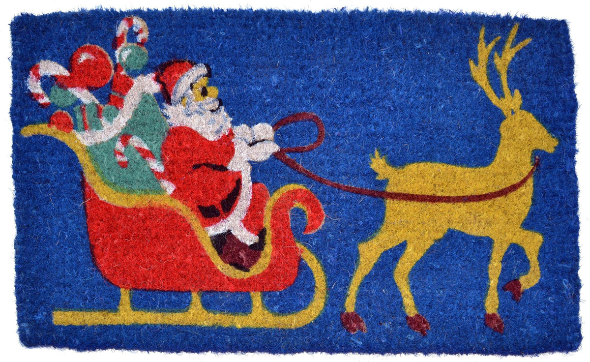 18" X 30" Blue and Yellow Coir Santa Claus Outdoor Holiday Door Mat