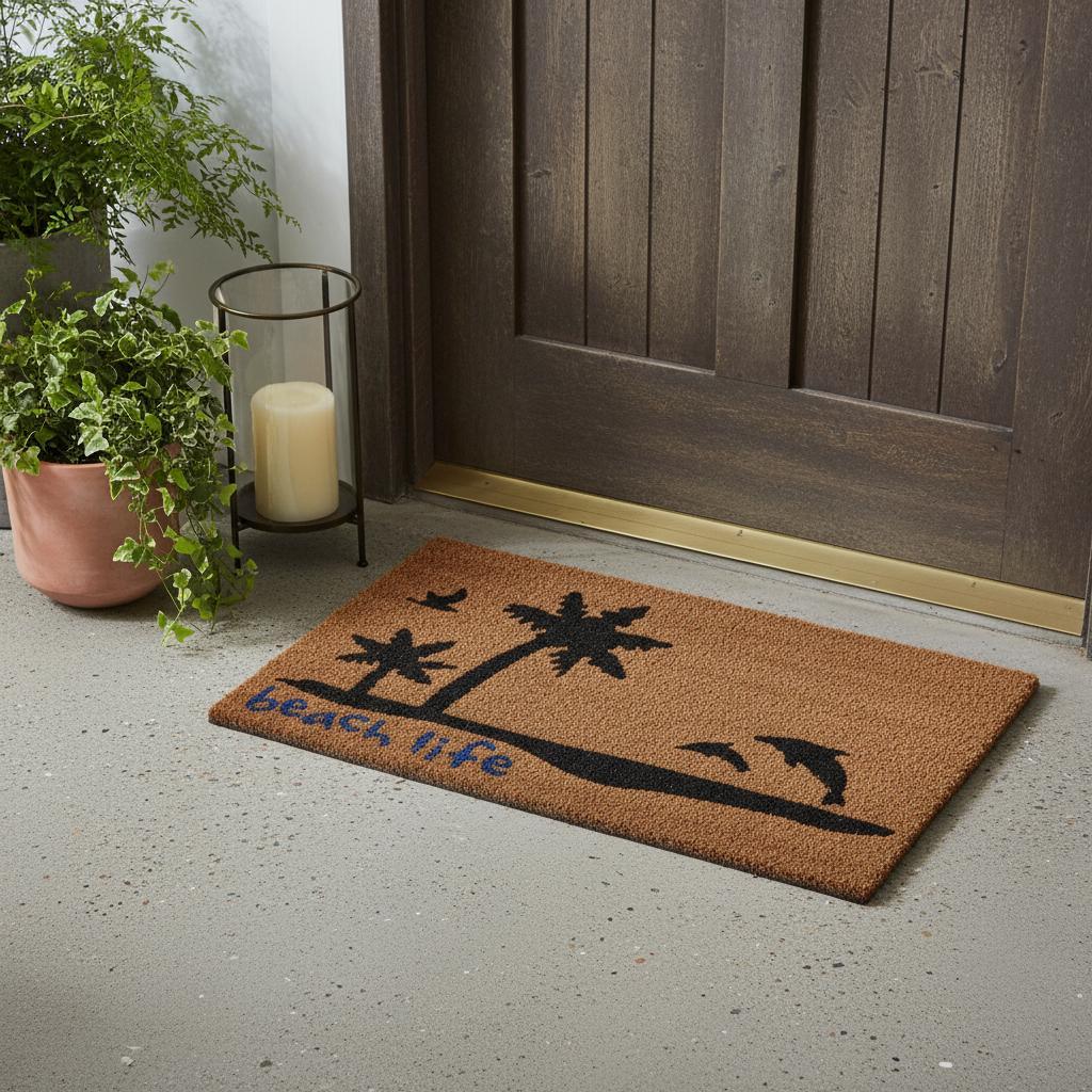18" X 30" Brown and Black Coir Tropical Beach Life Outdoor Door Mat