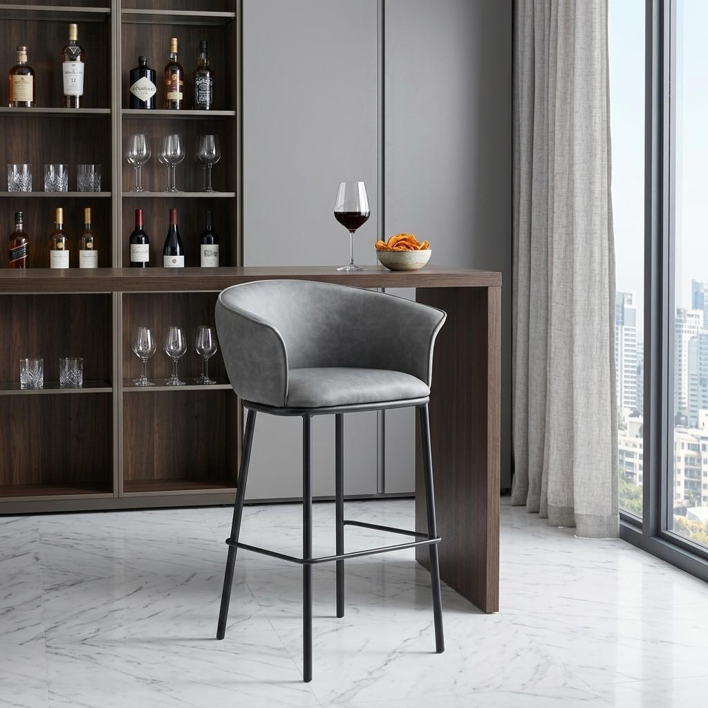 30" Gray And Black Faux Leather And Fabric And Steel Bar Height Bar Chair