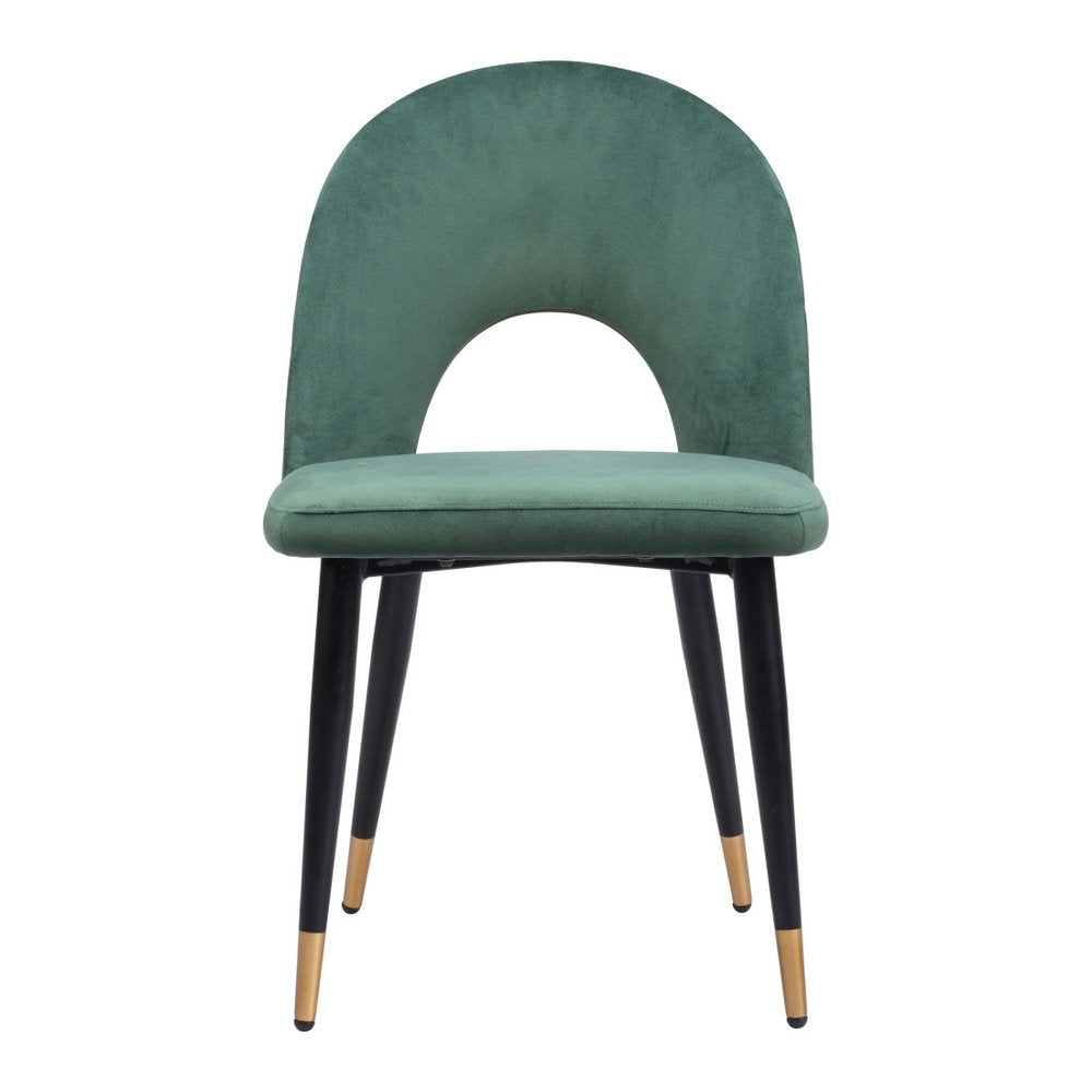 Set of Two Green Black and Gold Upholstered Velvet Open Back Dining Side Chairs