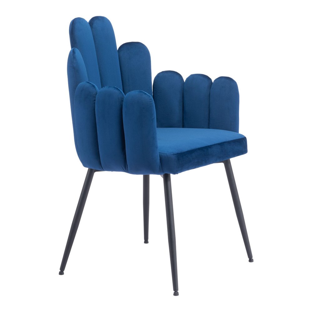 Set of Two Navy Blue and Black Velvet Slat Back Dining Arm Chairs